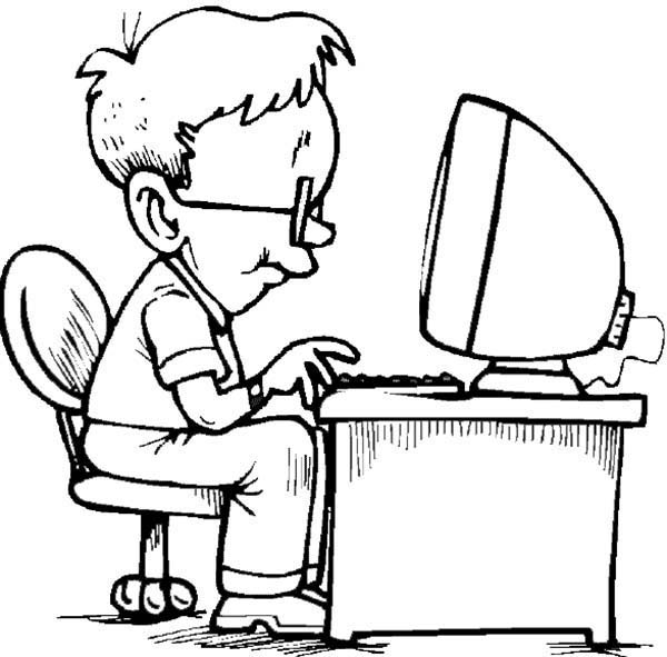 Computer, : A Student Studying on Computer Coloring Page