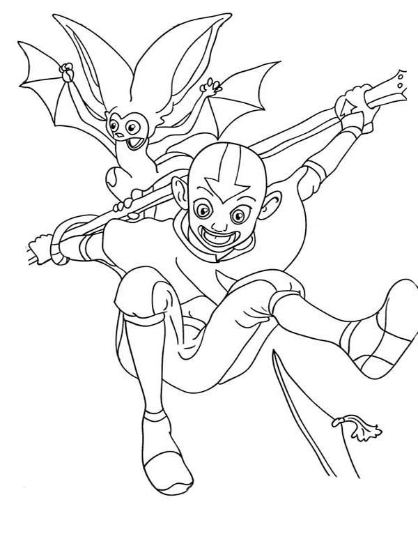 Avatar the Last Air Bender, : Aang Jump High with Momo in Avatar the Last Air Bender Coloring Page