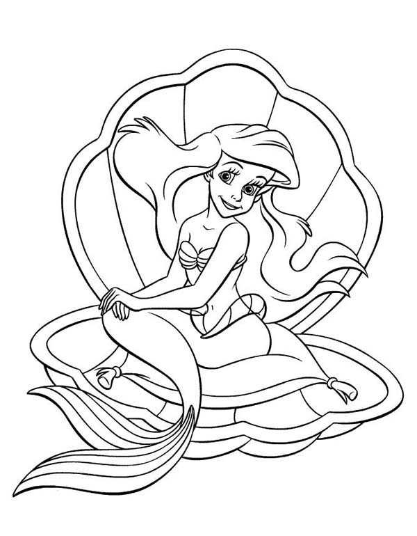 Ariel, : Ariel Sitting on Clam Throne Coloring Page