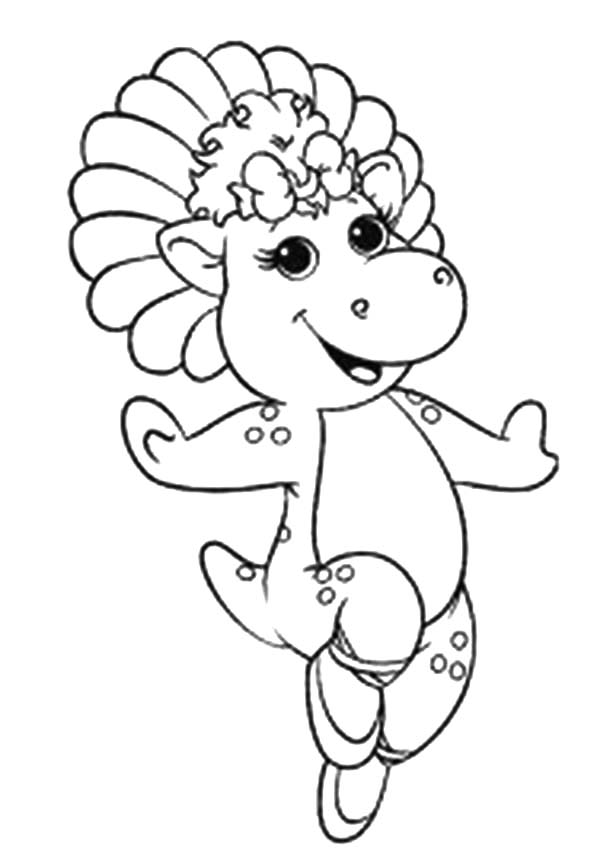 Barney and Friends, : Baby Bop Walking Happily in Barney and Friends Coloring Page