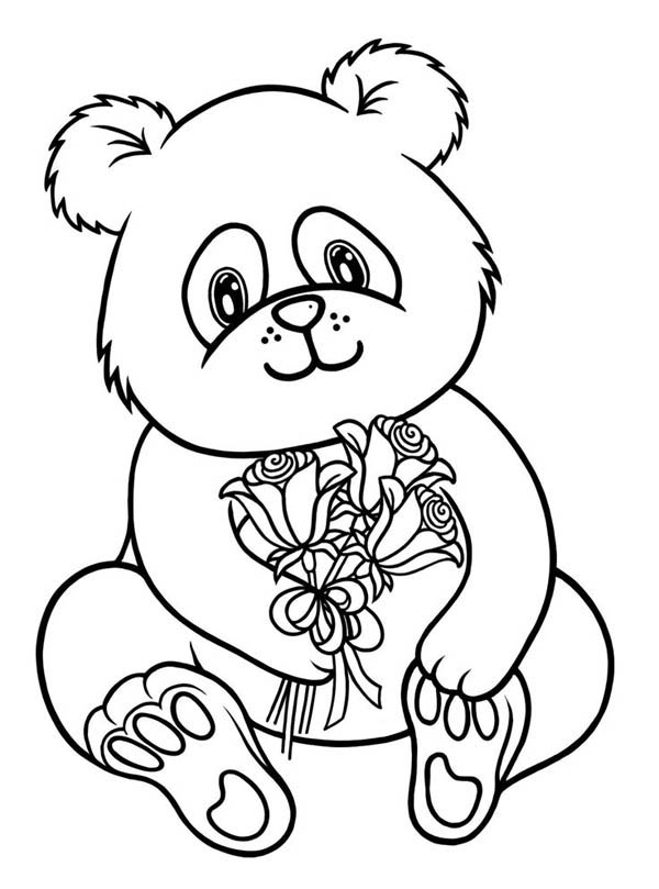 Panda, : Baby Panda Holding Flower Coloring Page