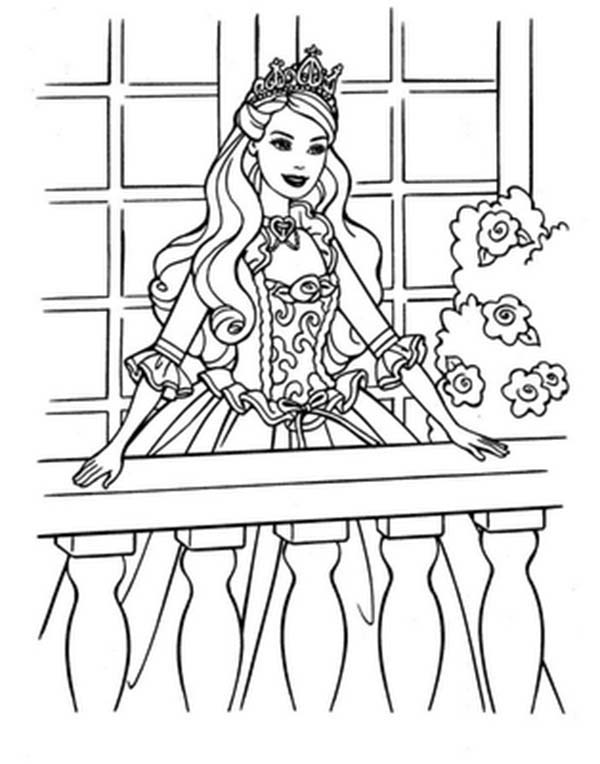 Barbie Princess, : Barbie Princess Standing on Terrace Wearing Her Tiara Coloring Page