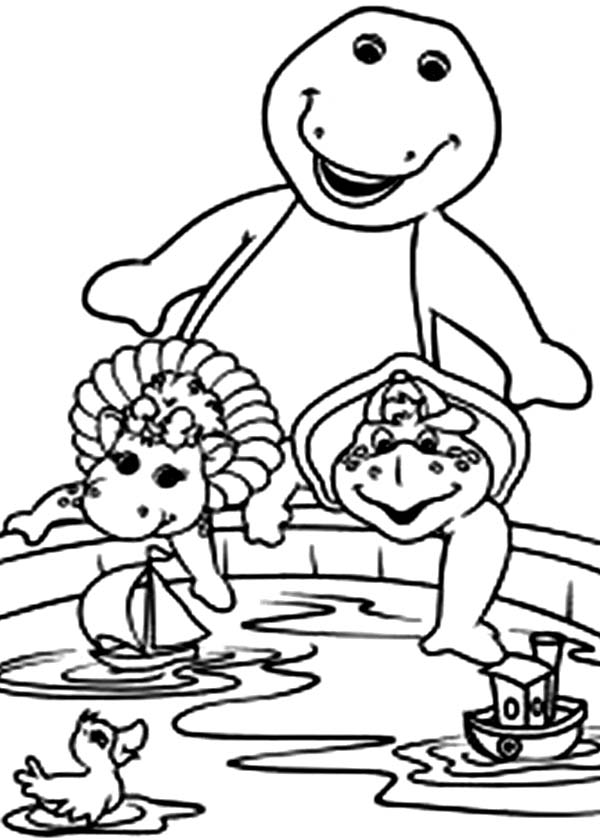 Barney and Friends, : Barney and Friends Playing in the Pond Coloring Page