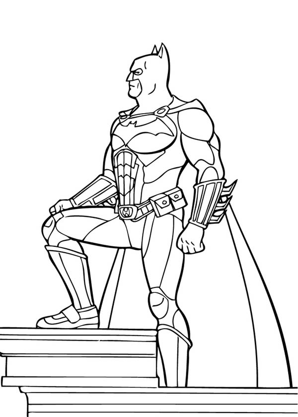 Batman, : Batman Standing on Top of Building Coloring Page