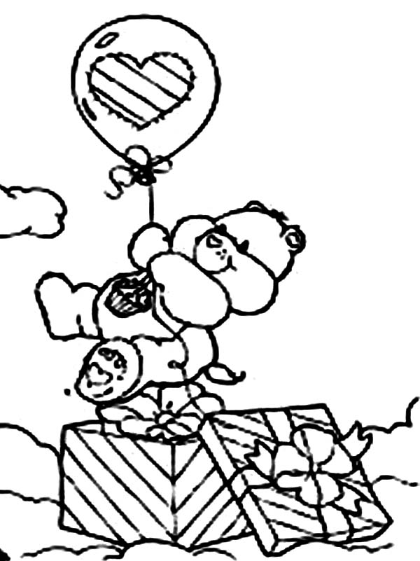 Care Bear, : Birthday Bear Came Out from Present Box in Care Bear Coloring Page