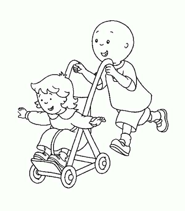 Caillou, : Caillou Pull Rosie on Her Cart Coloring Page