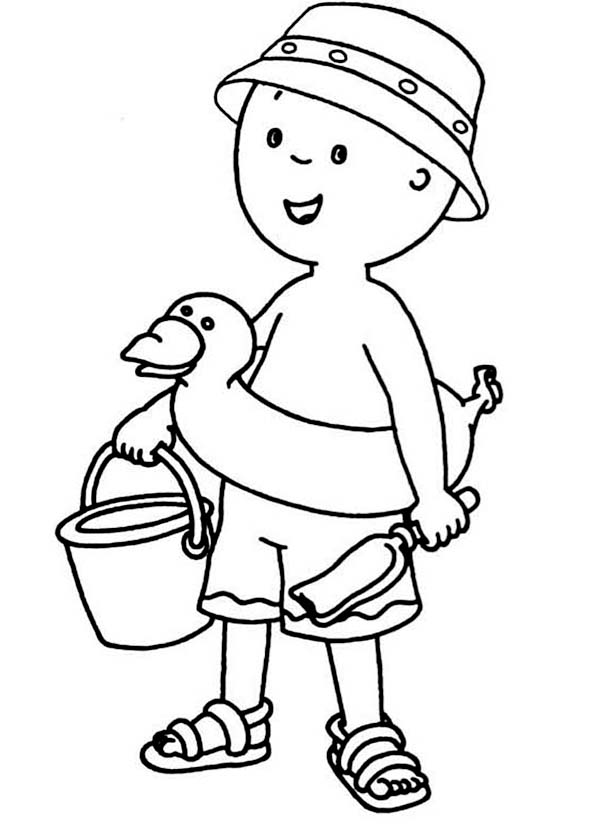 Caillou, : Caillou is ready to Paly at the Beach Coloring Page