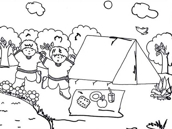 Camping, : Camping with Friends Coloring Page