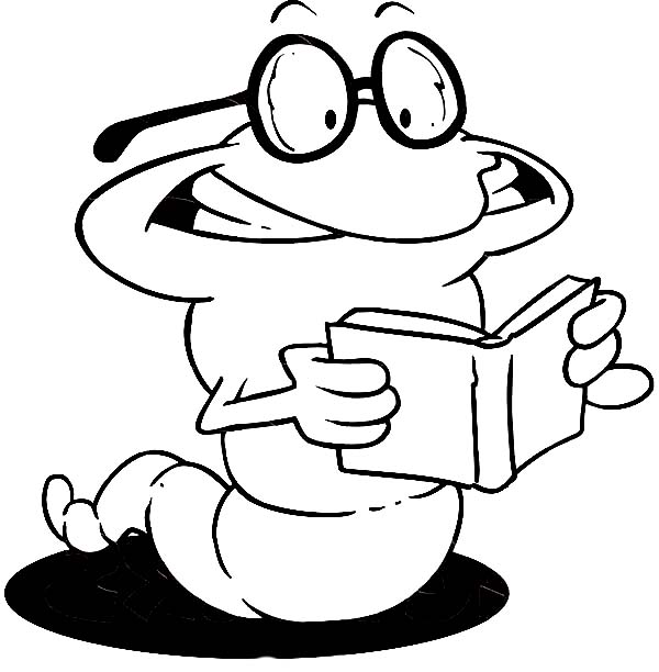 Books, : Cartoon of Book Worm Enjoy Reading Coloring Page