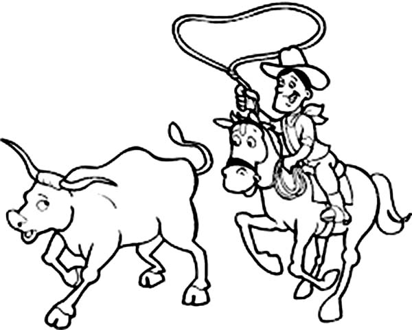 Cowboy, : Cowboy Catch an Ox Coloring Page for Kids