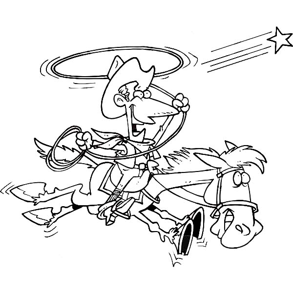 Cowboy, : Cowboy Trying to Catch a Star with Lasso Coloring Page