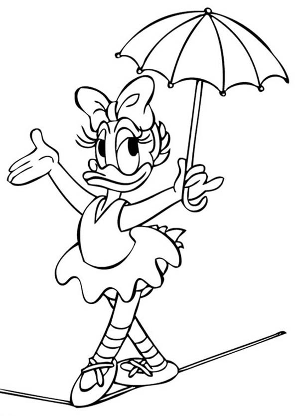 Daisy Duck, : Daisy Duck Acrobat Walking on Rope While Holding an Umbrella Coloring Page