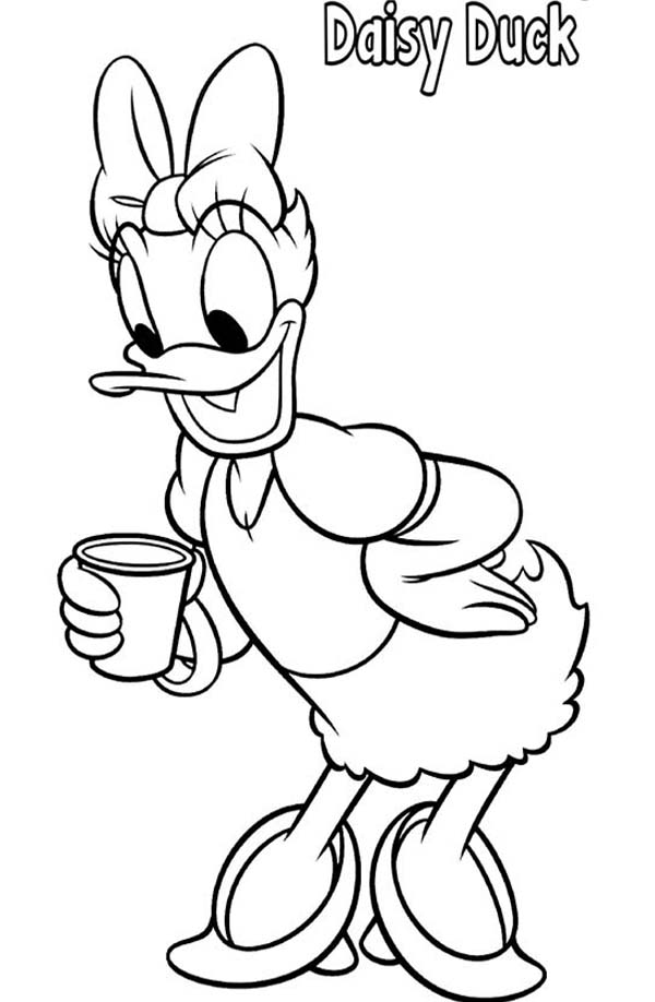Daisy Duck, : Daisy Duck Holding a Glass of Coffee Coloring Page