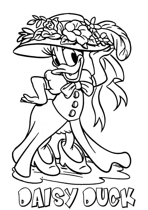 Daisy Duck, : Daisy Duck Wearing Beautiful Floral Theme Hat Coloring Page