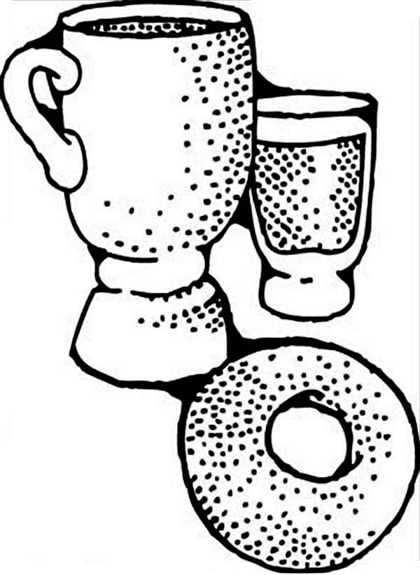 Breakfast, : Donut an Coffee for Breakfast Coloring Page