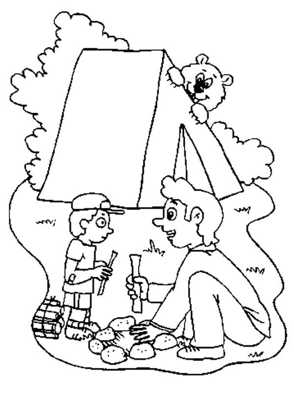 Camping, : Father Teach His Son Make Campfire at Camping Coloring Page