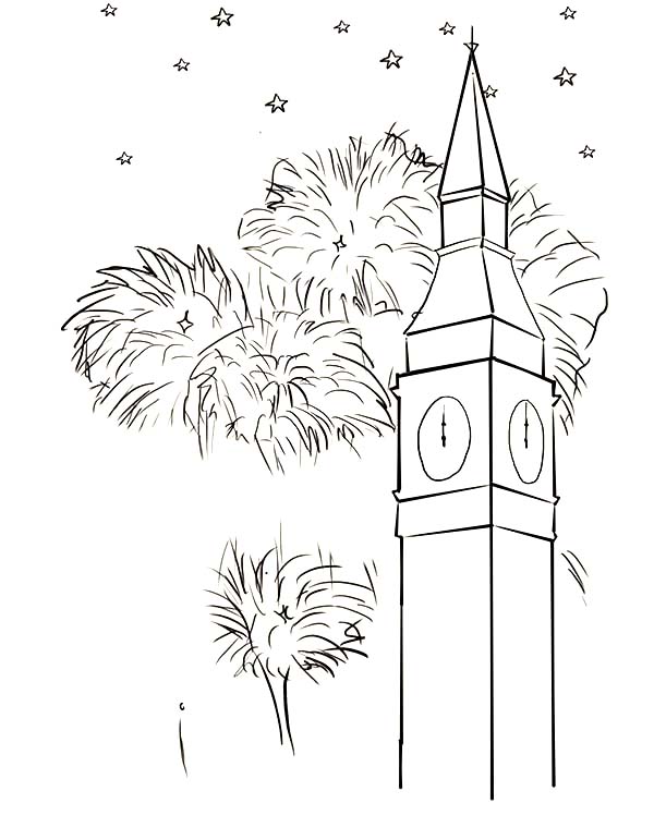 Big Ben, : Fireworks Near Big Ben Coloring Page