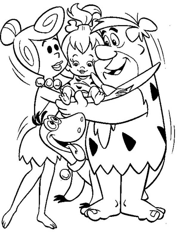 The Flintstones, : Fred Wilma and Dino Hug Pebbles in the Flintstones Coloring Page