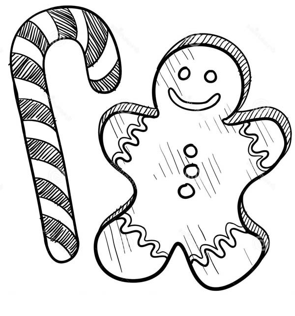 Gingerbread Men, : Gingerbread Men and Candy Cane Coloring Page