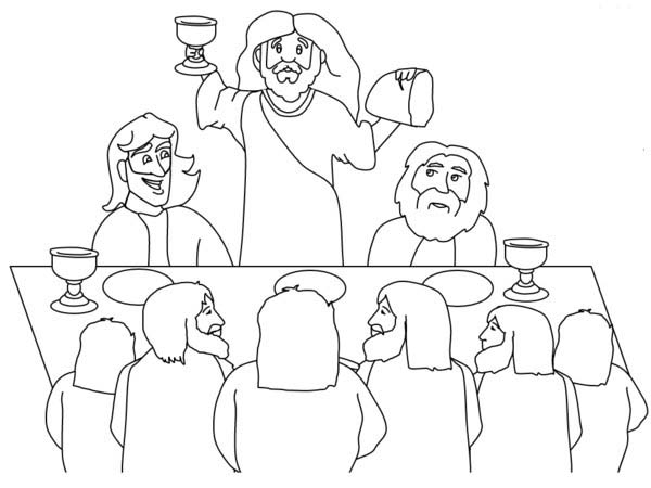 Disciples, : Jesus Lift Bread and Holy Grail in Front of His Disciples Coloring Page