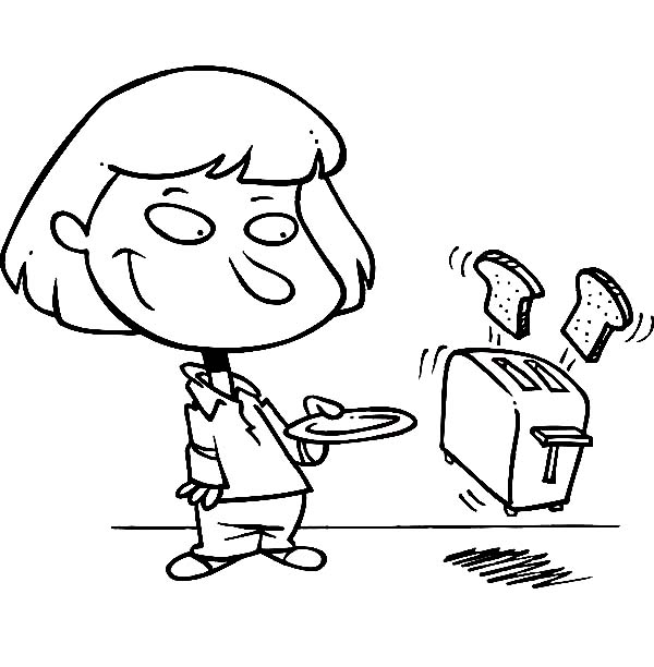 Breakfast, : Little Girl Having Toaster for Breakfast Coloring Page