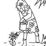 Watering Can, Little Girl Using Watering Can Coloring Page: Little Girl Using Watering Can Coloring Page