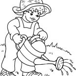 Watering Can, Little Kid Watering Plants With Watering Can Coloring Page: Little Kid Watering Plants with Watering Can Coloring Page