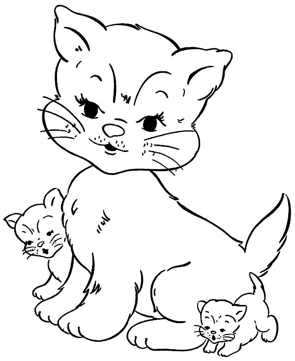 Cat, : Little Kittens Play with Cat Mother Coloring Page