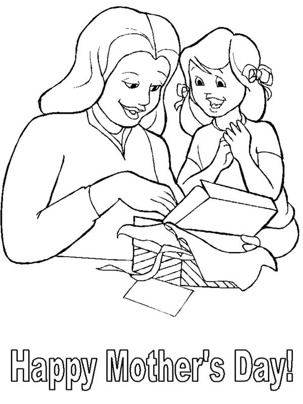 Mothers Day, : Mommy Open Her Present on Mothers Day Coloring Page
