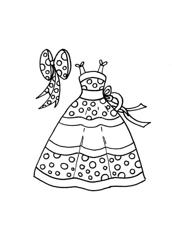 Dress, : Polkadot Dress with Ribbon Accessories Coloring Page