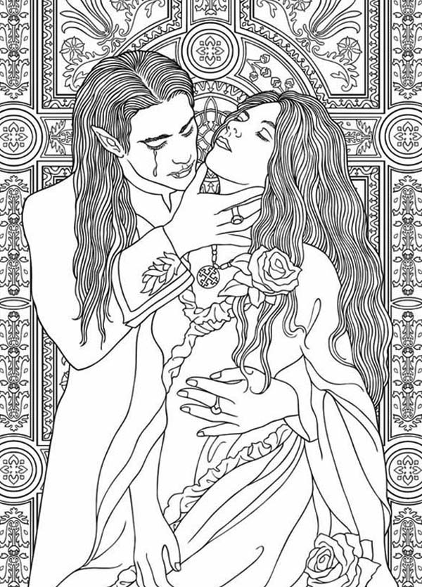 Vampire, : Realistic Picture of Vampire Couple Coloring Page