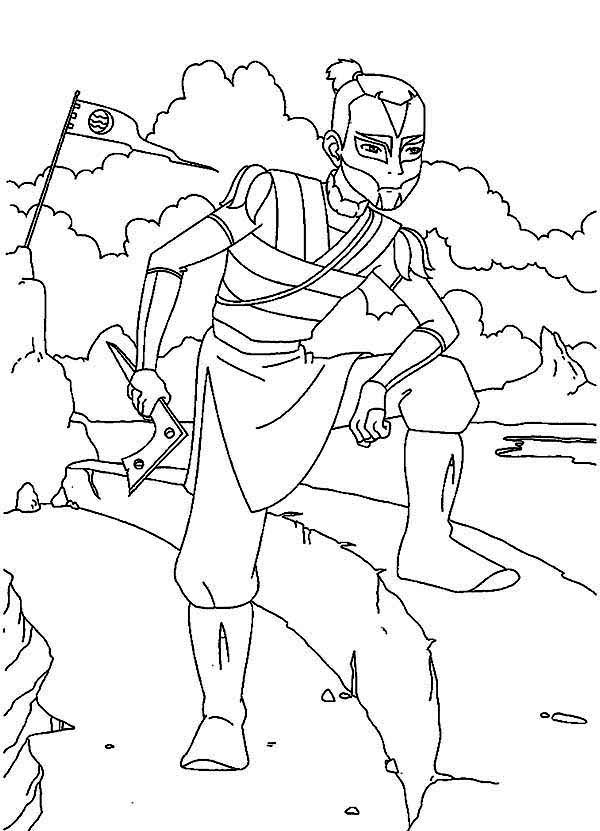Avatar the Last Air Bender, : Sokka and His Weapon Boomerang in Avatar the Last Air Bender Coloring Page