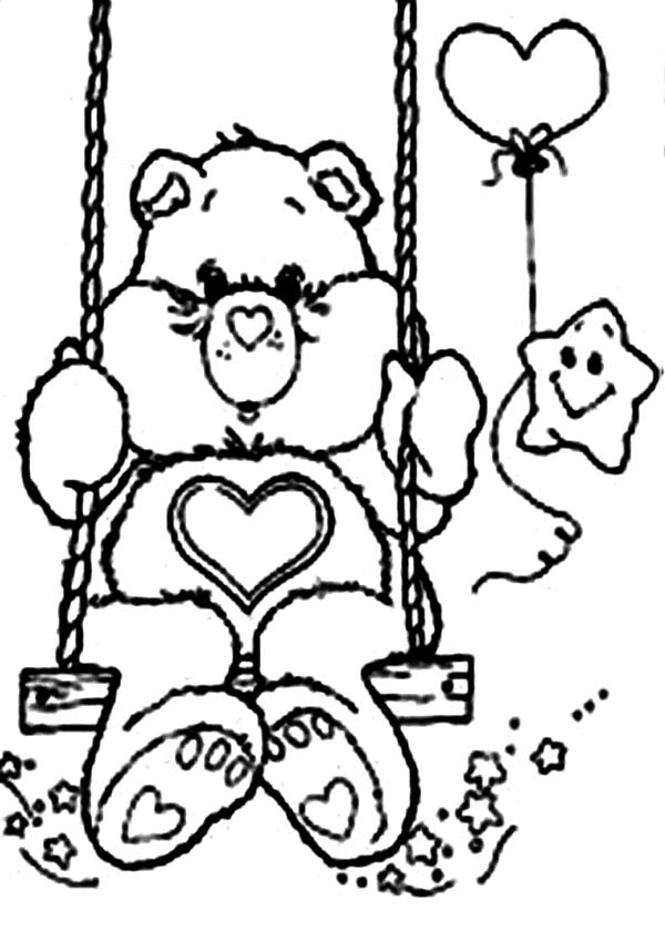 Care Bear, : Tenderheart Bear Play Swing with Loving Star in Care Bear Coloring Page