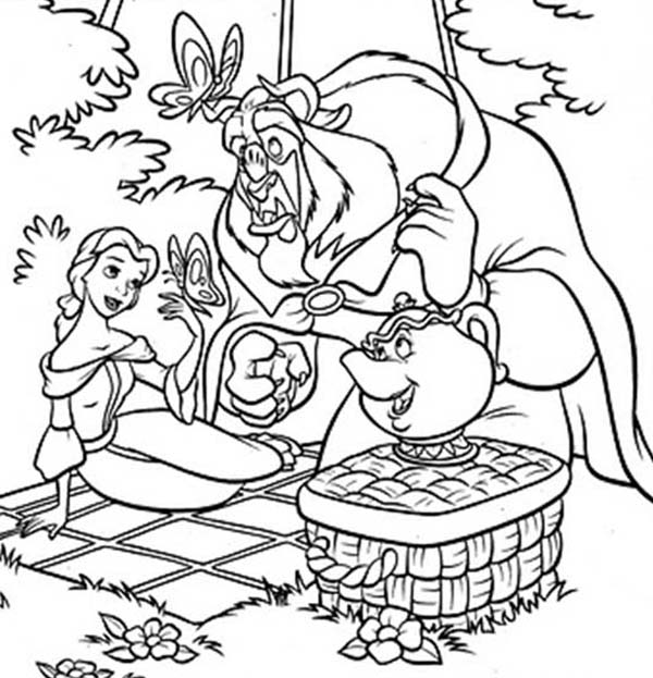 Belle, : The Beast and Belle Picnic in Garden Coloring Pages