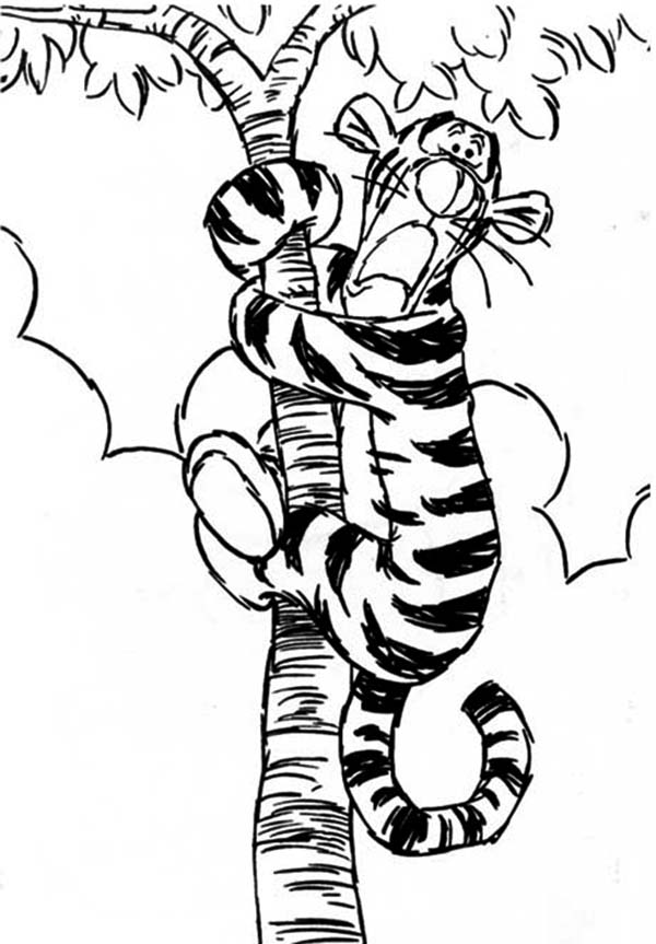 Tigger, : Tigger Screaming on Top of Tree Cannot Come Down Coloring Page