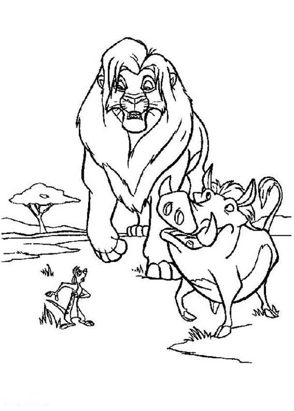 Timon and Pumbaa, : Timon and Pumbaa with Lion King Simba Coloring Page