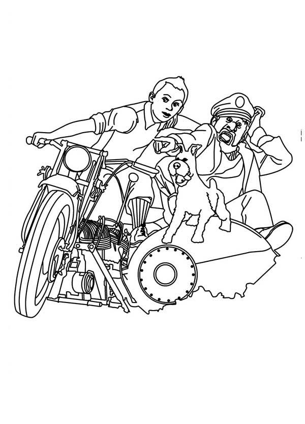 Tintin, : Tintin and Captain Haddock Ride Motorcycle in the Adventures of Tintin Coloring Page