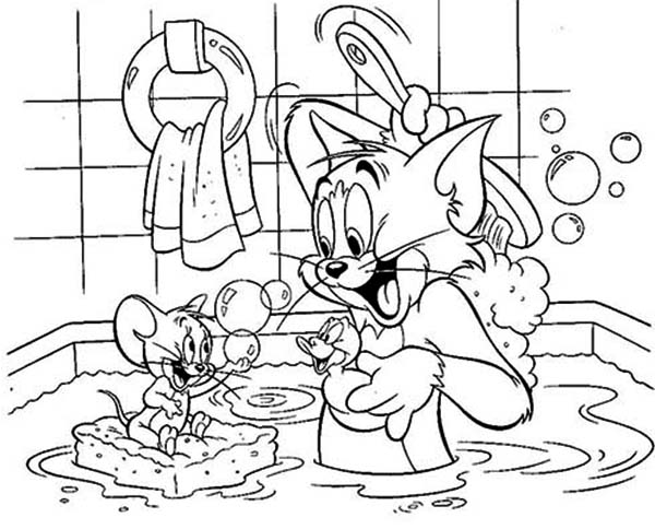 Tom and Jerry, : Tom and Jerry Bath Together Coloring Page
