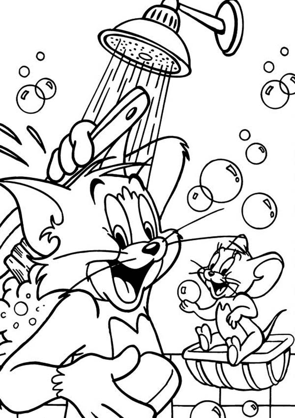 Tom and Jerry, : Tom and Jerry in Shower Playing Bubbles Coloring Page