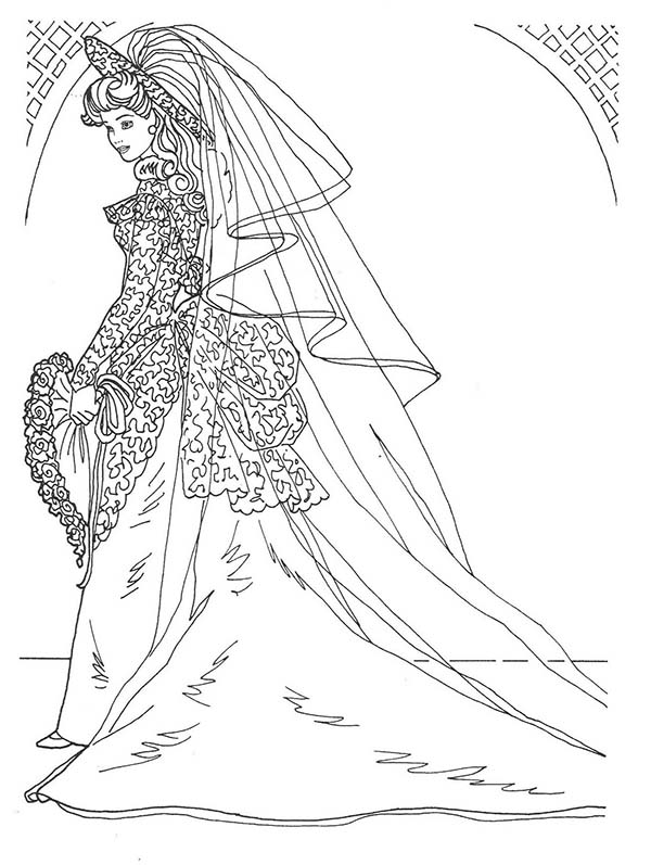 Barbie Doll, : Wedding Day in Bridal Gown Barbie Doll Coloring Page