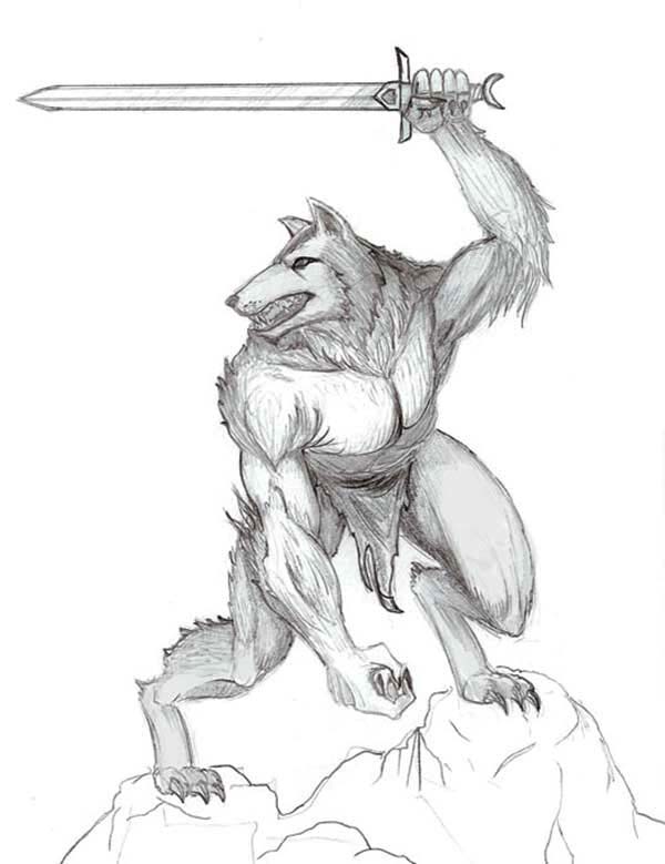 Werewolf, : Werewolf Holding Sword Coloring Page