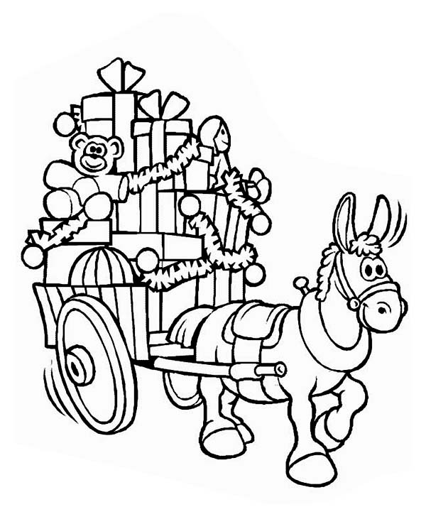 Christmas, : A Mule with a Cart Full of Christmas Presents on Christmas Coloring Page