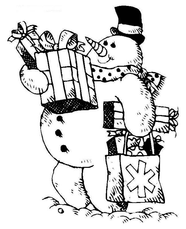 Christmas, : The Snowman with Bunch of Christmas Presents on Christmas Coloring Page