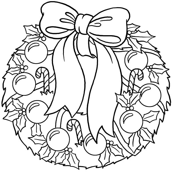 Christmas Wreaths, : Christmas Wreaths Covered with Candy Cane and Glitter Balls Coloring Pages