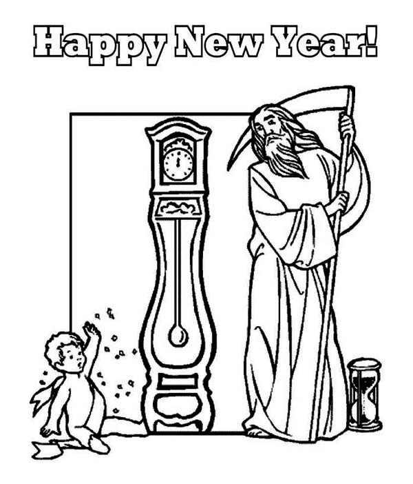 New Year, : Cute Baby New Year and Father Time Waiting Countdown on 2015 New Year Coloring Page