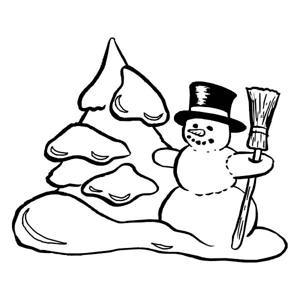Winter Season, : Traditional Winter Season Scene with Mr Snowman Coloring Page