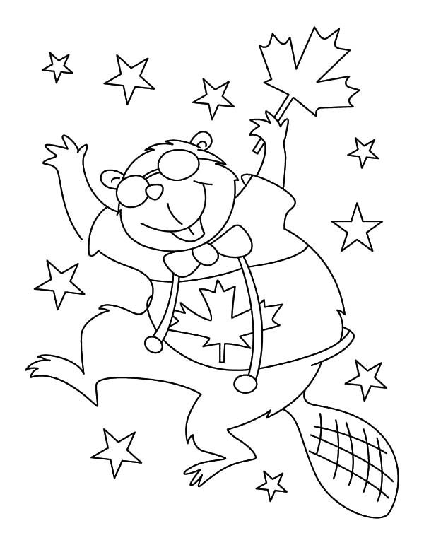 Canada Day, : Cheerful Beaver Dancing on Canada Day Celebration Coloring Pages