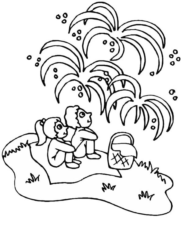 Independence Day, : Kids Watching Fireworks on Independence Day Celebration Coloring Page