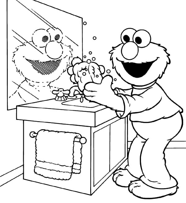 Hand Washing, : Elmo Doing Hand Washing Coloring Pages