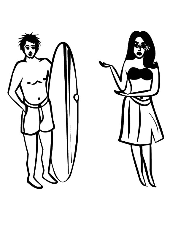 Hawaii, : Girl and Surfer Hawaii Coloring Pages